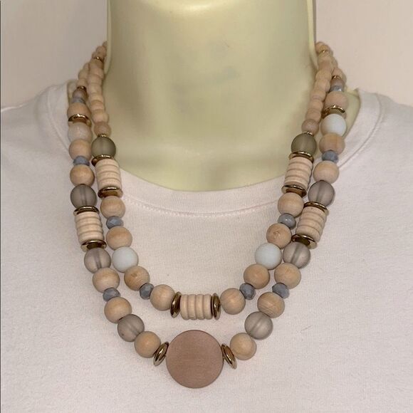C 1946 Double Strand Tan, Gray, Pink & Gold Wooden Beaded Necklace - Picture 1 of 4